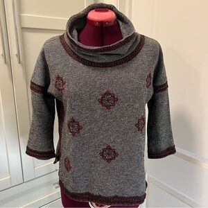 LUCKY BRAND Lotus Gray and Maroon Cowl Neck Embroidered Sweater Top | Size Small